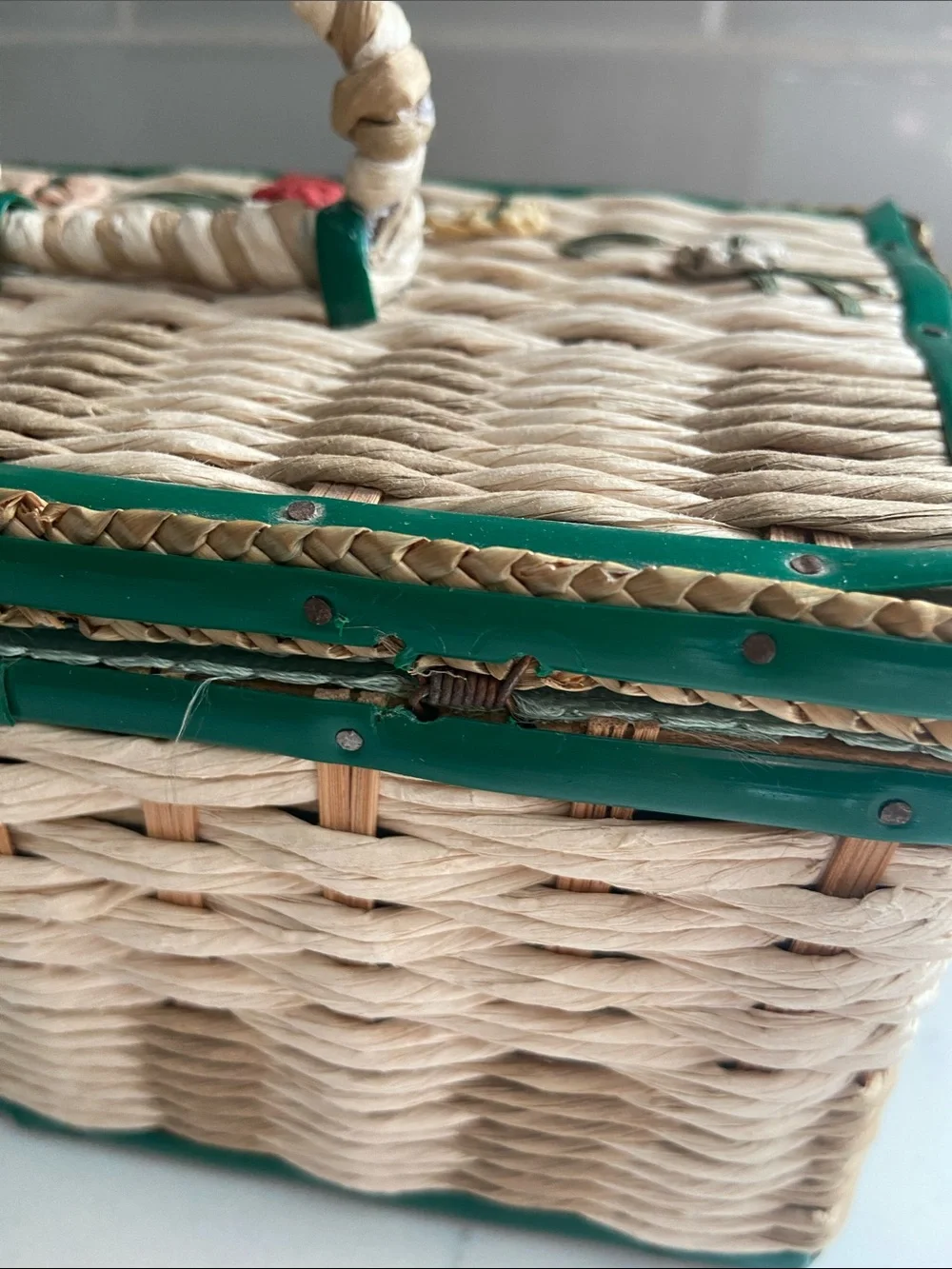Vintage 1950s Woven Sewing Basket Green Floral Raffia